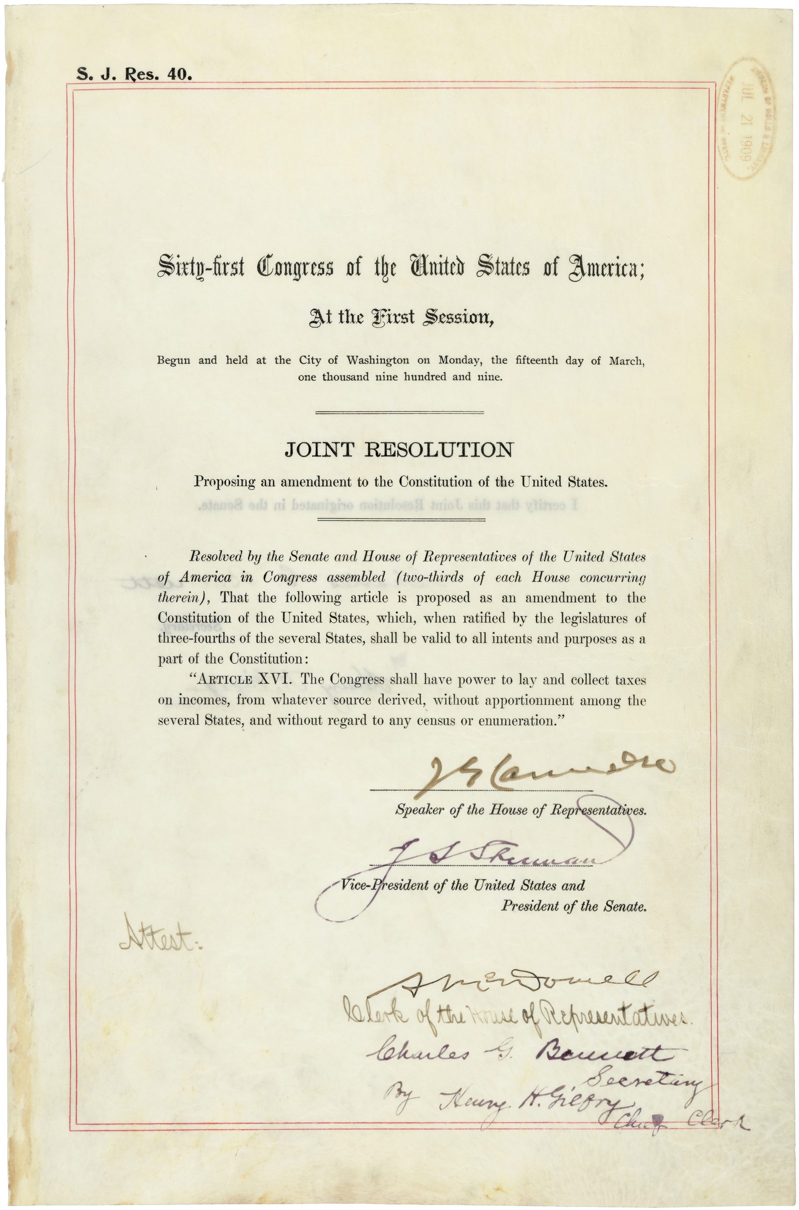 Joint resolution proposing the Sixteenth Amendment to the United States Constitution