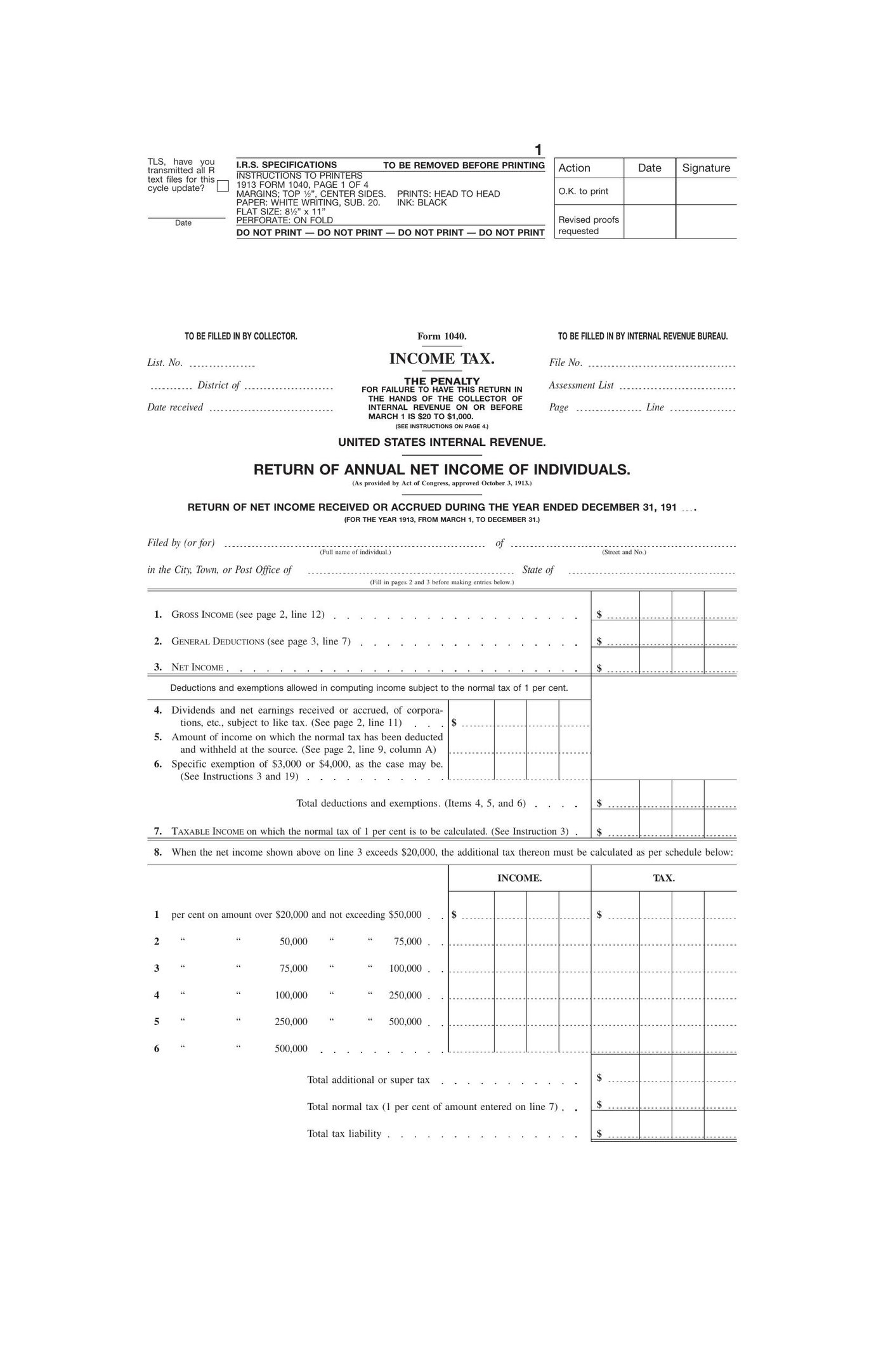 Page from the 1913 Form 1040 individual income tax return