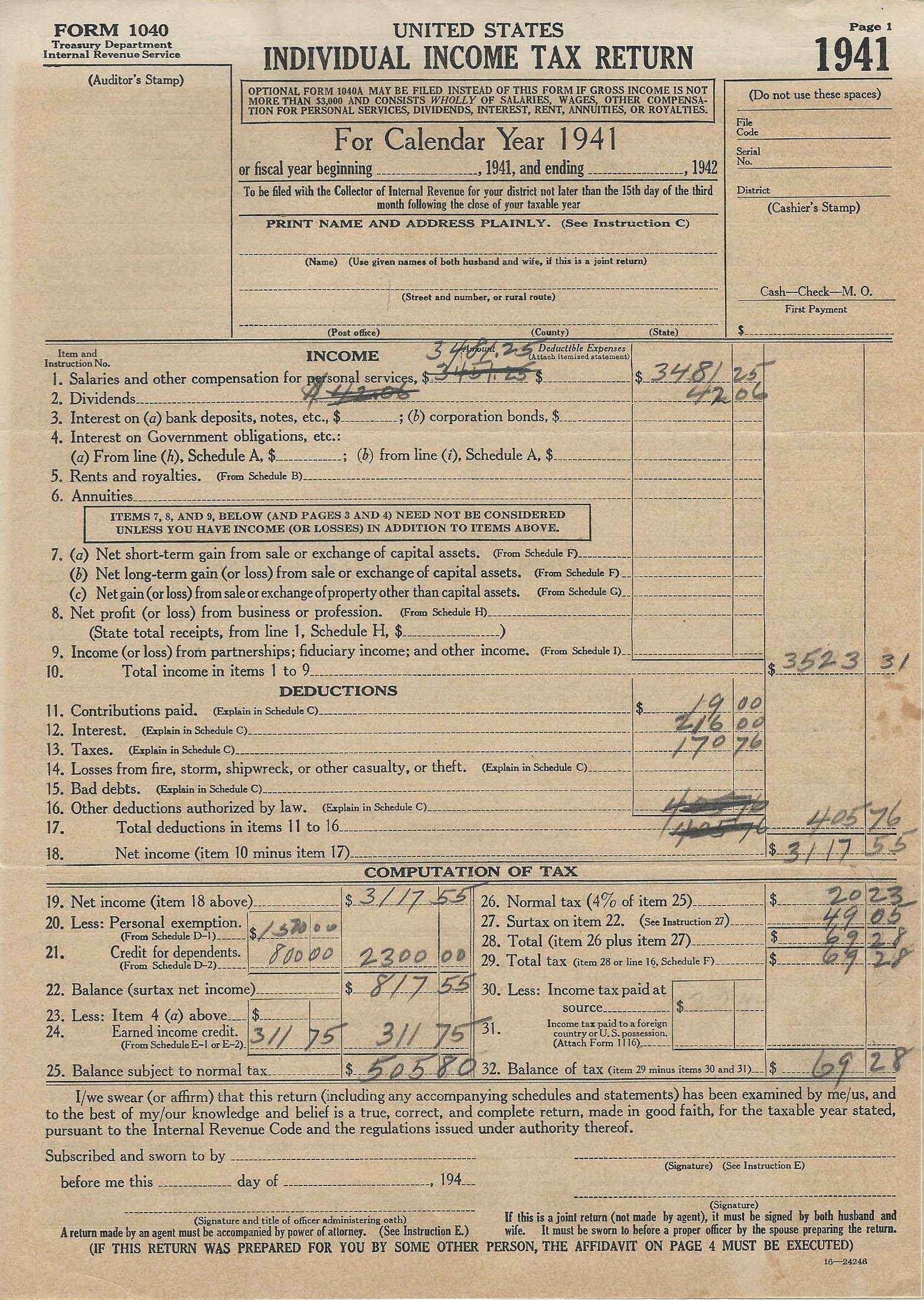 Form 1040 individual income tax return for 1941