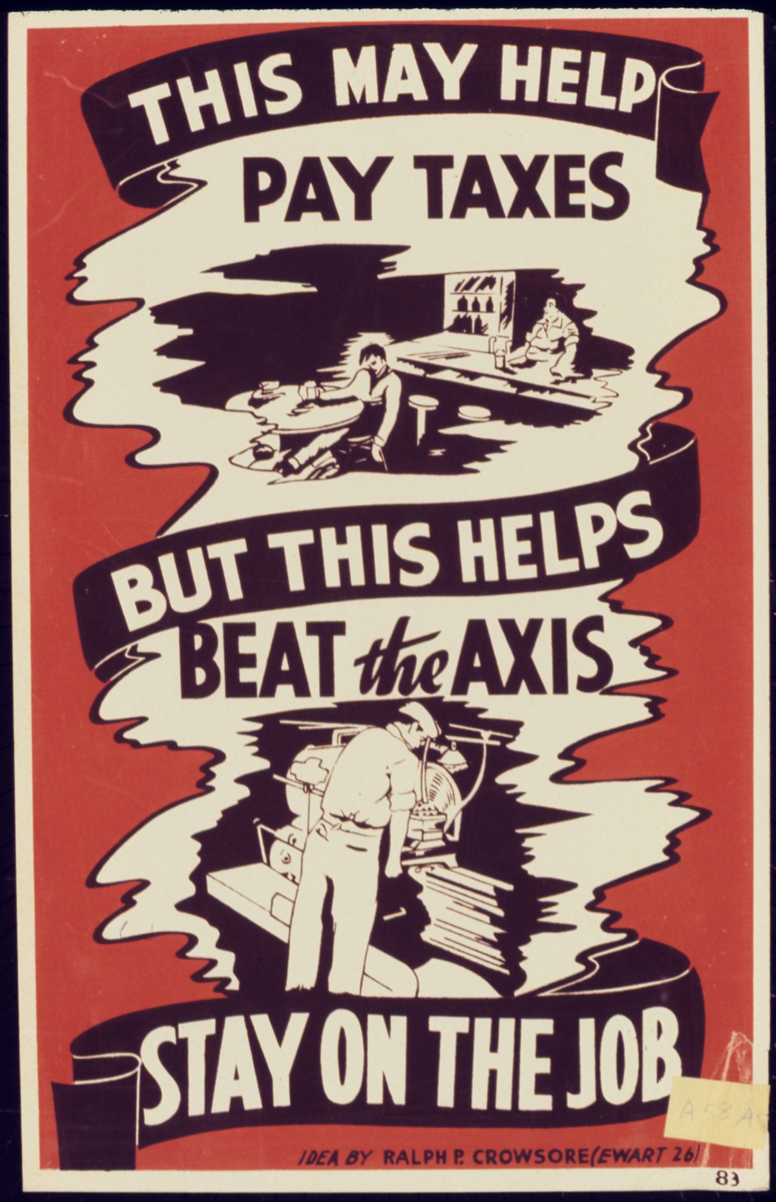 World War II workplace poster linking taxes and war production