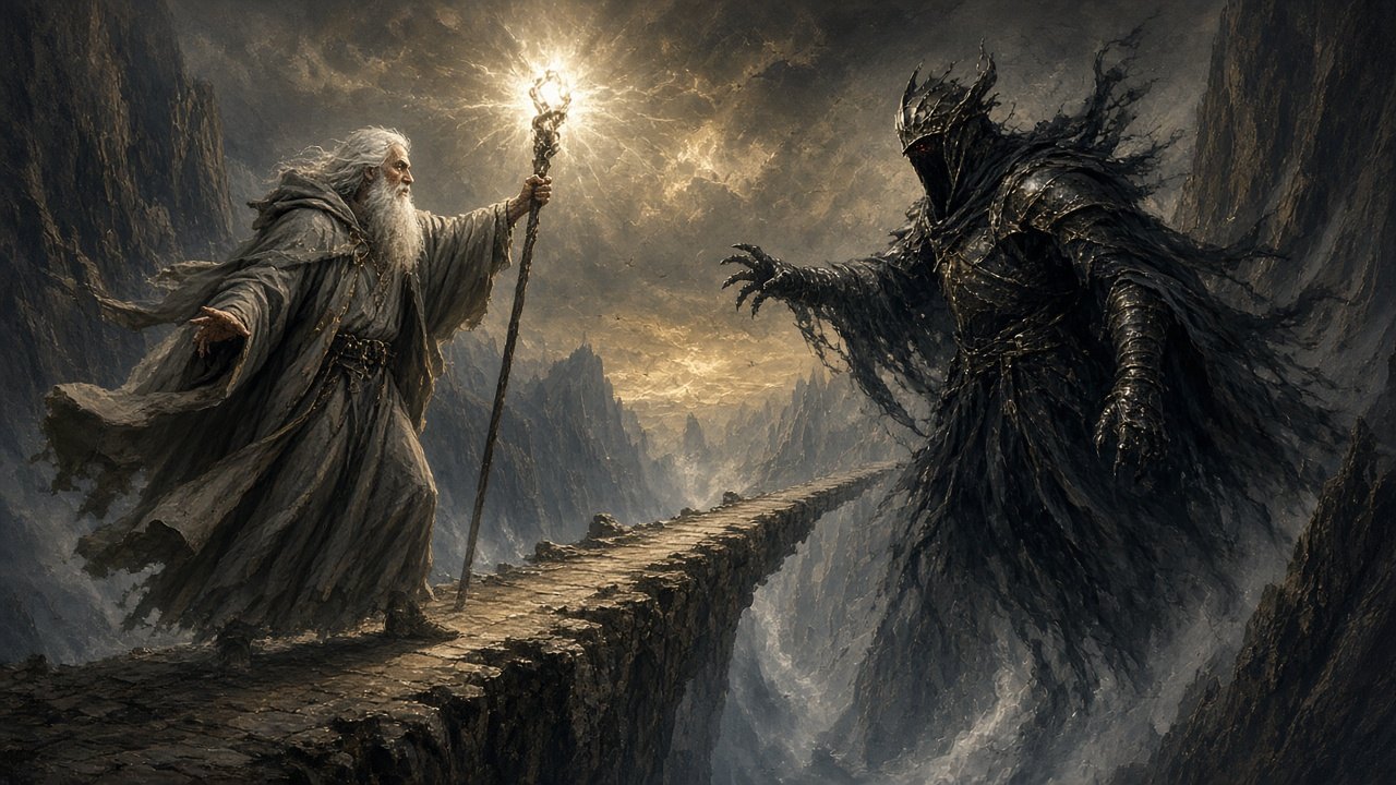 Wizard confronting a dark armored spirit on a mountain bridge over an abyss