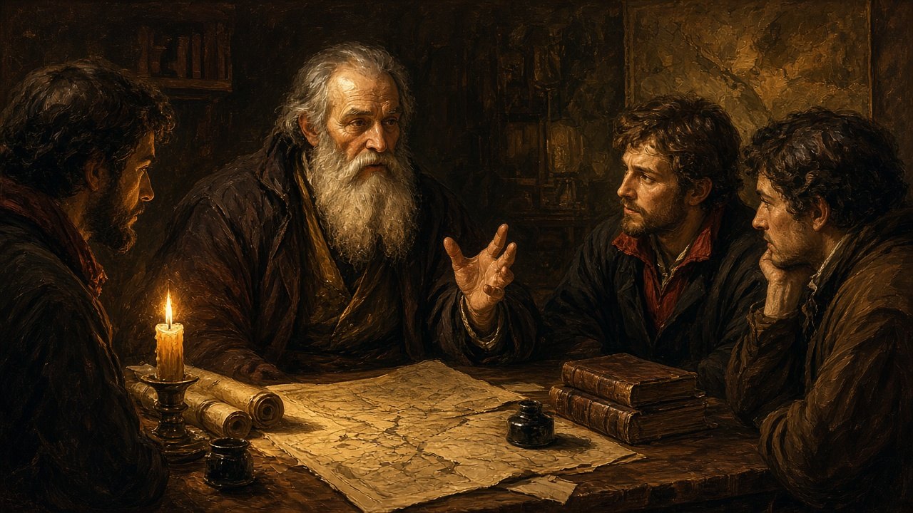 Elderly counselor at a candlelit table with maps, speaking to younger men