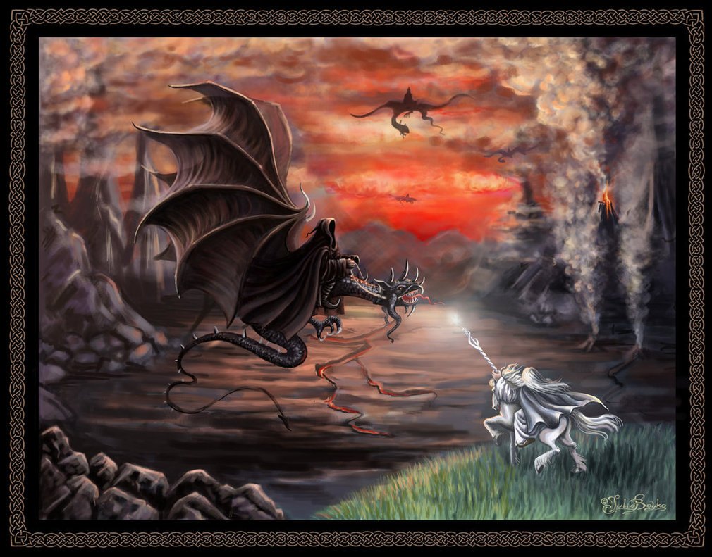 A wizard on horseback driving away Ringwraiths, art by Julia Boyko