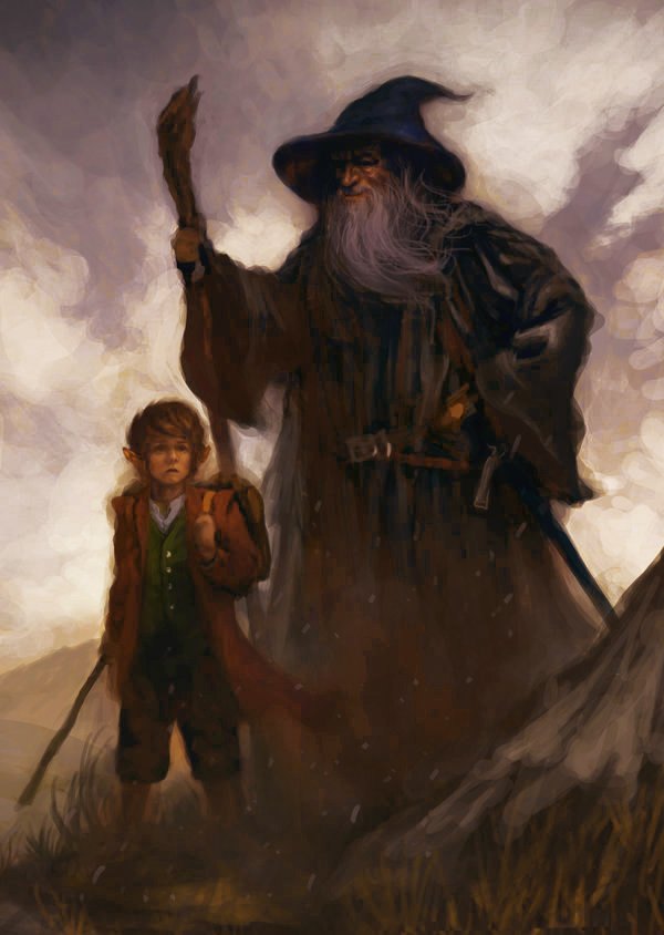 Bilbo and Gandalf traveling over a hill, illustration by Joel Lee