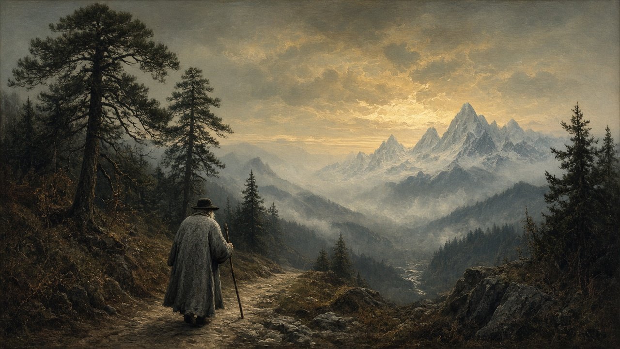 Lone grey-cloaked traveler on a road toward distant mountains at dusk