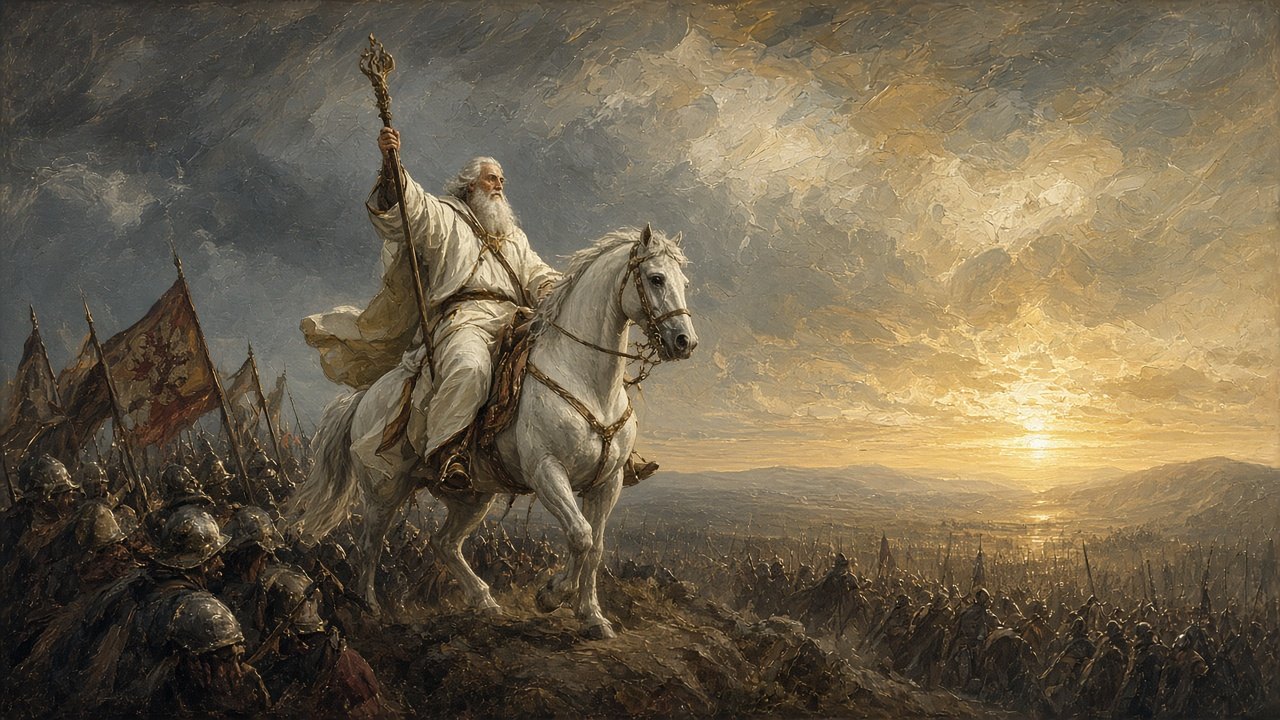 White-robed wizard on a pale horse at dawn above a ridge